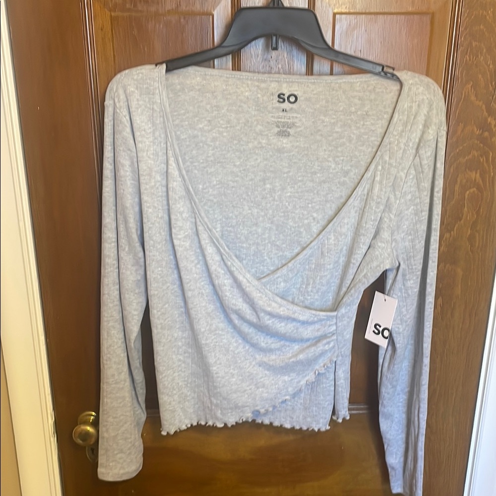 SO Gray Asymmetrical Ruched Long Sleeve Blouse